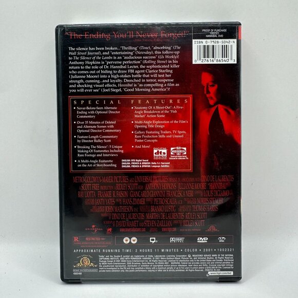 Hannibal Special Edition DVD - Anthony Hopkins Julianne Moore Rated R - Picture 4 of 4